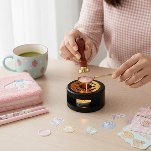StationeryHaul black wooden wax seal melting furnace with metallic insert, melting pink wax.