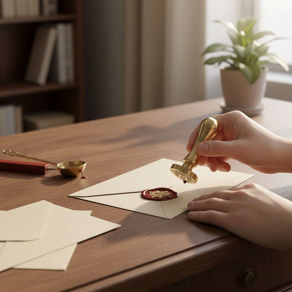 StationeryHaul ornate initial wax seal stamp in gold metal with a red wax impression featuring the letter A.