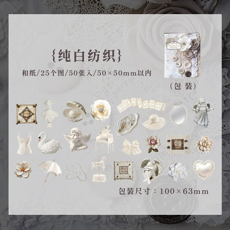 StationeryHaul white decorative paper stickers featuring angels, swans, pearls, flowers, and vintage frames.