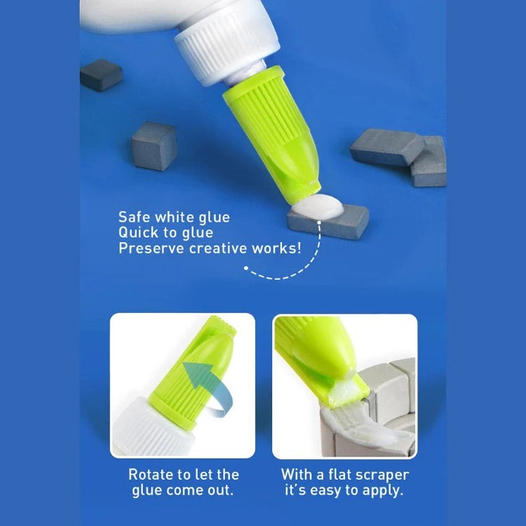 StationeryHaul white glue with green applicator tip, showing application to gray blocks. Features include quick-drying, safe formula, and a flat scraper.