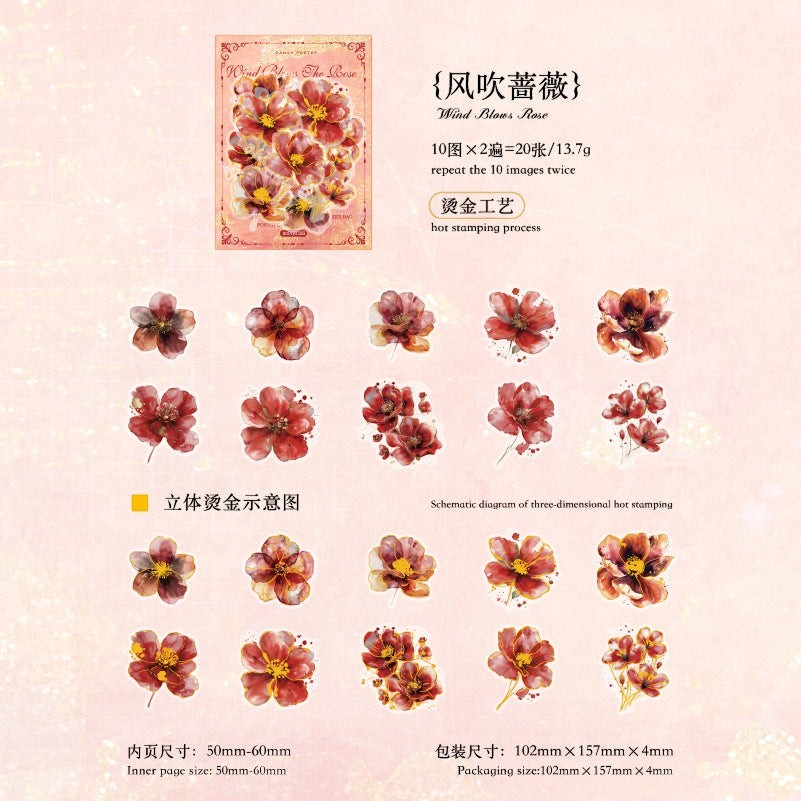 StationeryHaul Wind Blows Rose PET sticker pack featuring red floral designs with elegant gold foil stamping details.